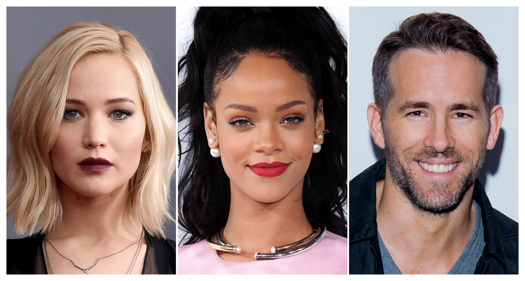 colagem de jennifer lawrence, rihanna e ryan reynolds