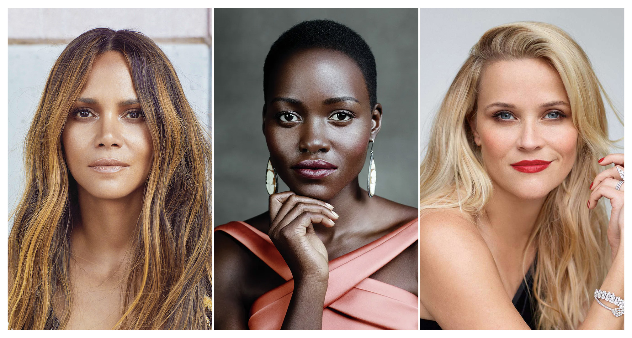 colagem de halle berry, lupita nyong'o e reese witherspoon