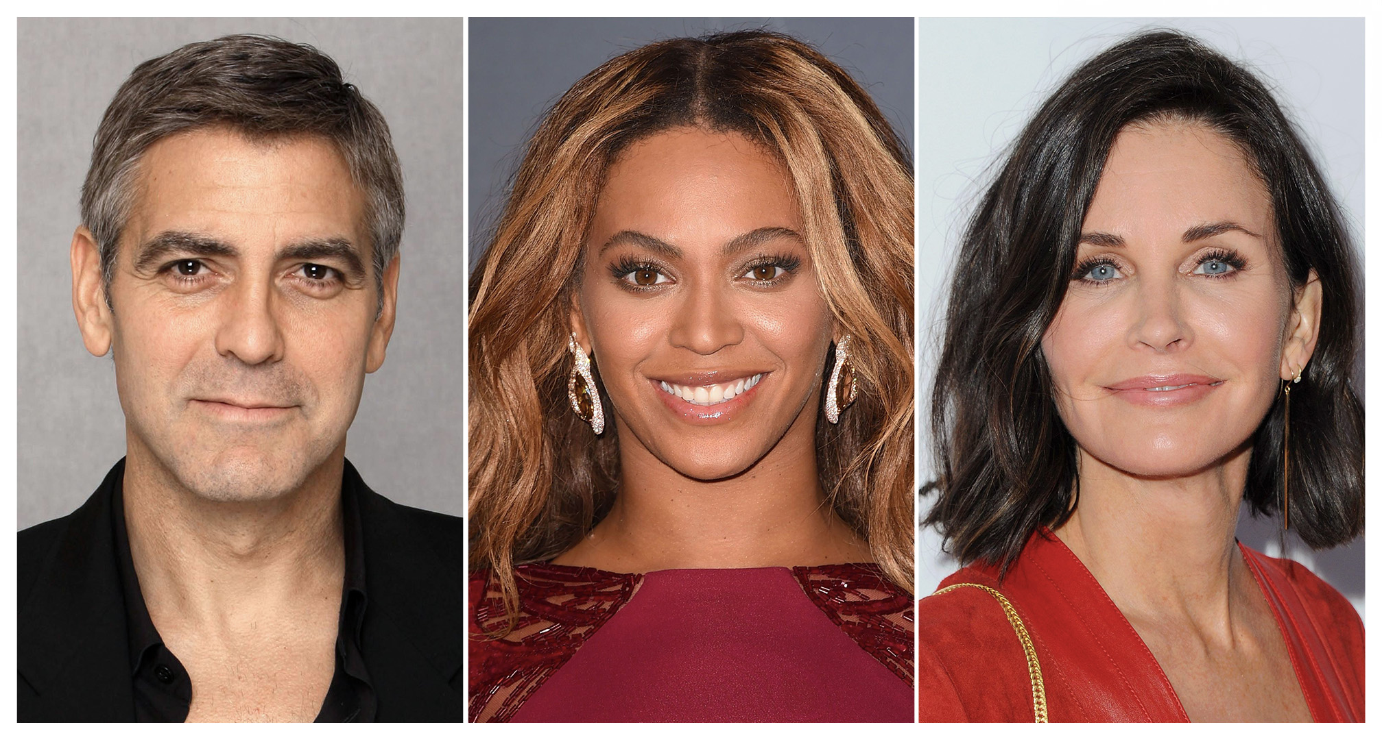 colagem de george clooney, beyoncé e courtney cox