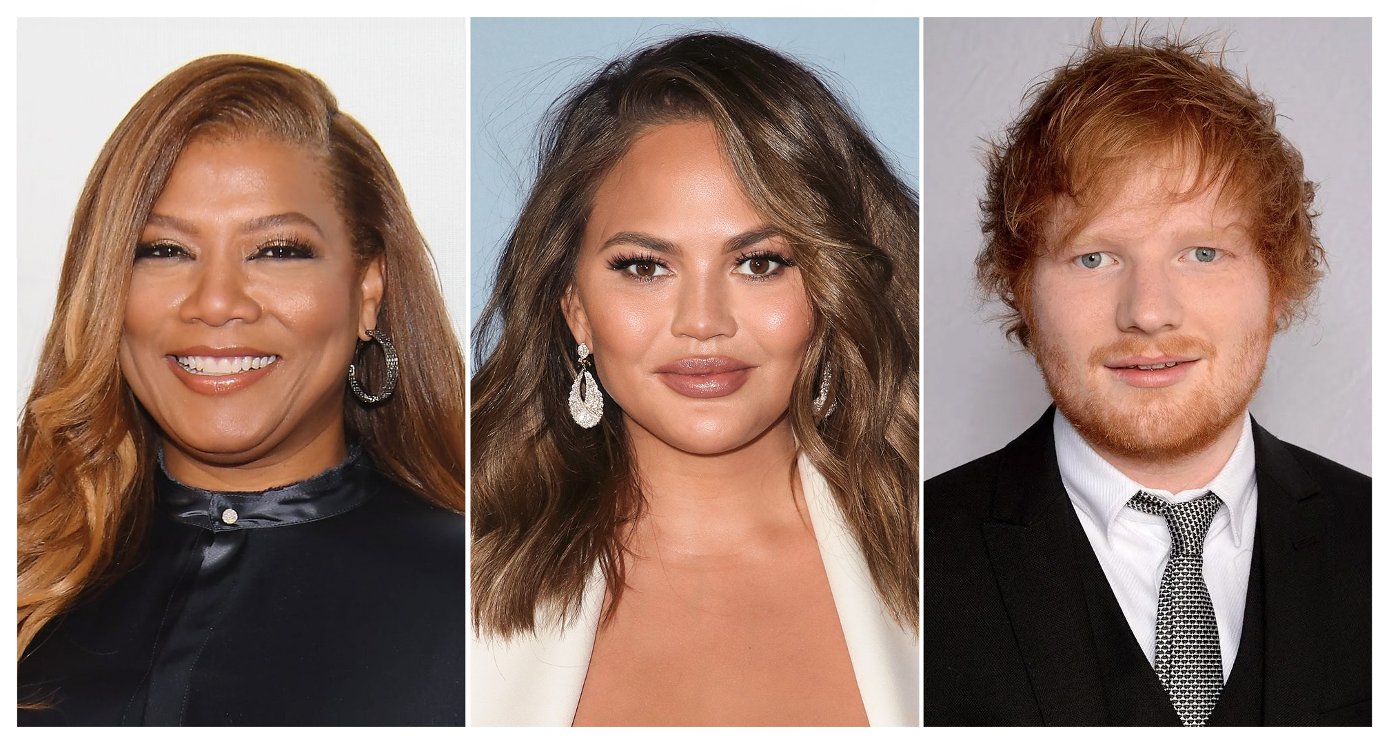 colagem de queen latifah1, chrissy teigen e ed sheeran.