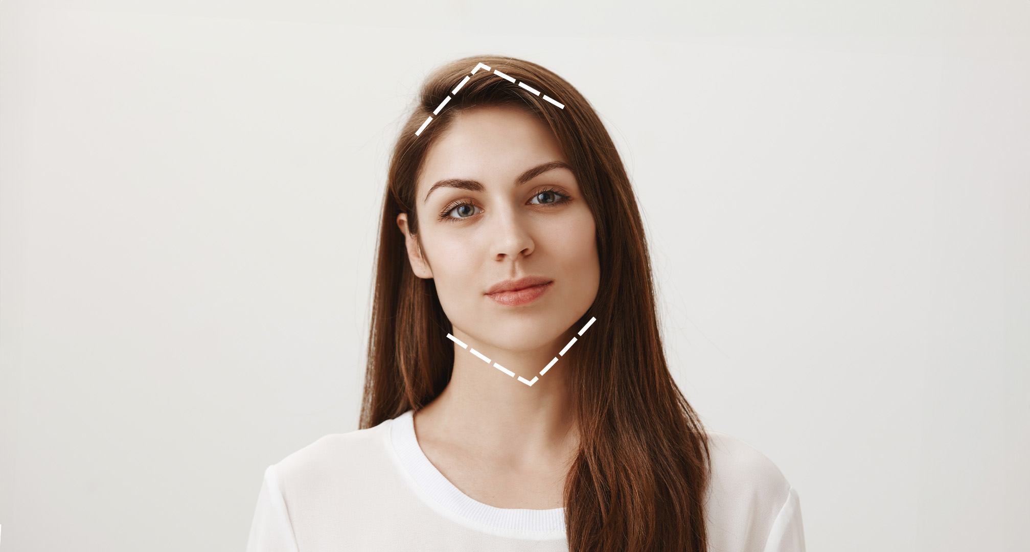 contorno pontilhado de um losango à volta do rosto para ilustrar a forma do rosto