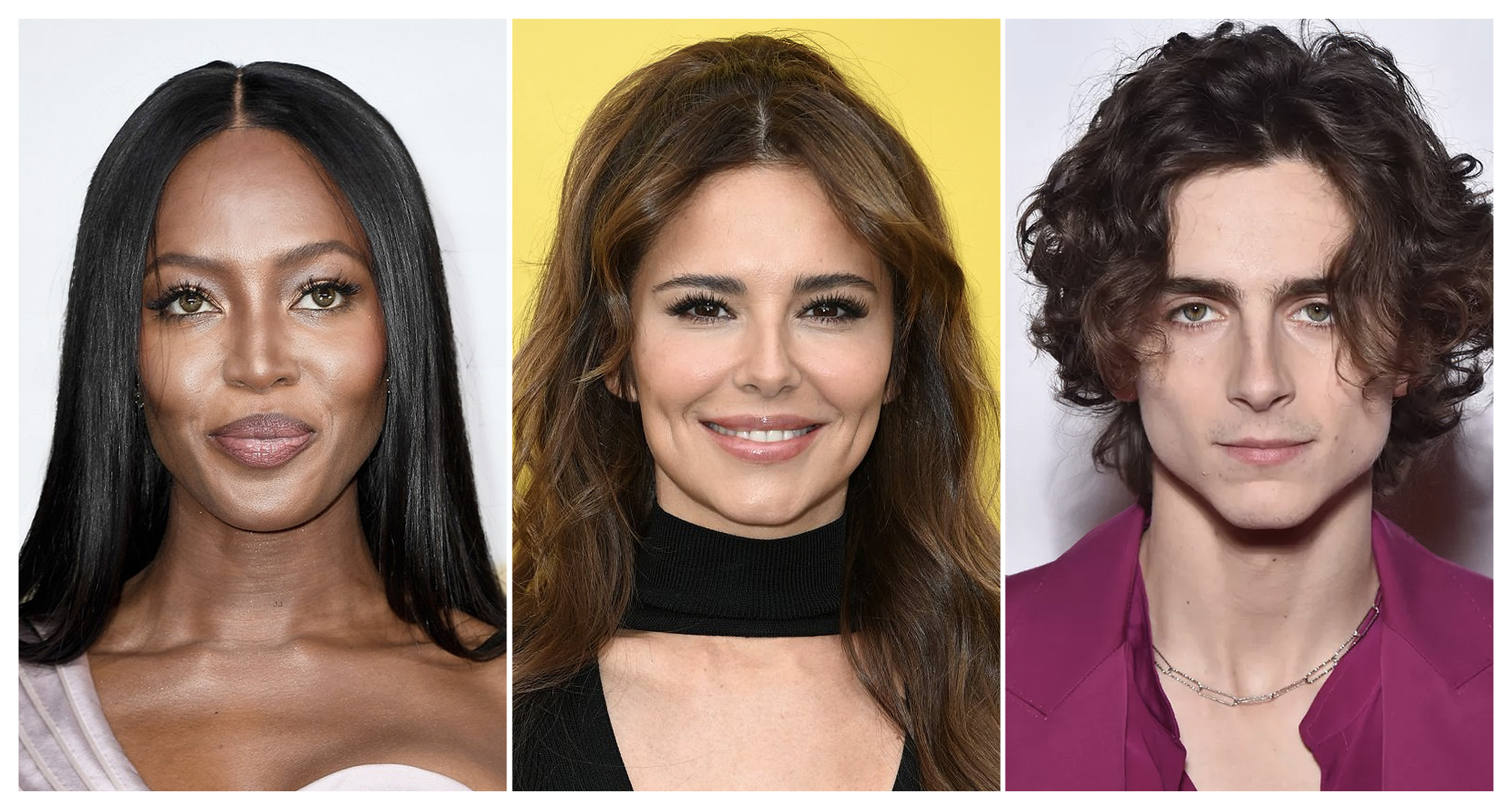 colagem de Naomi Campbell, Cheryl Cole, Timothée Chalamet