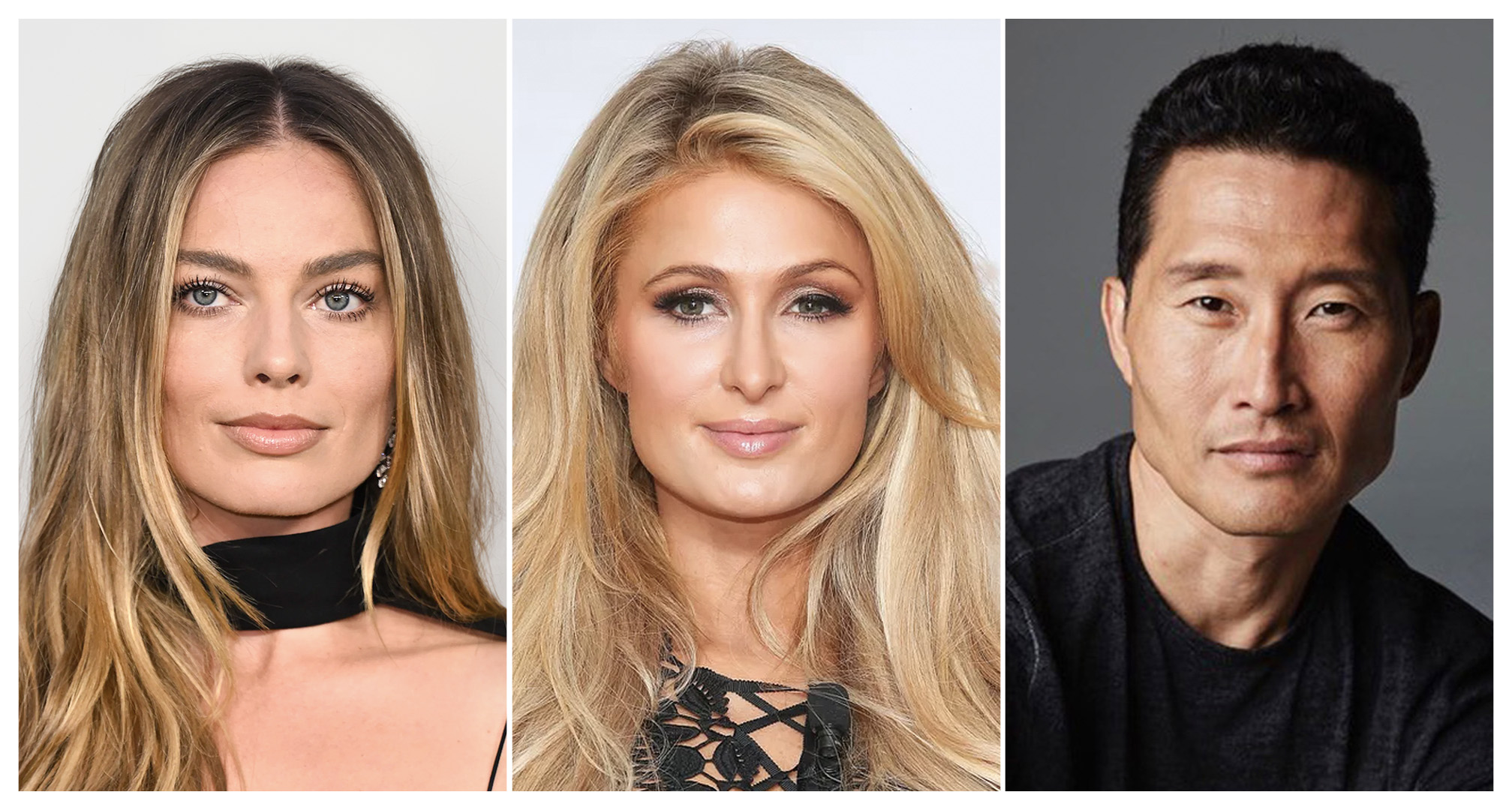colagem de margot robbie, paris hilton e daniel dae kim