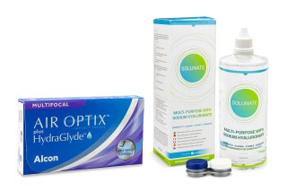 Air Optix Plus Hydraglyde Multifocal (3 lentes) + Solunate Multi-Purpose 400 ml com estojo