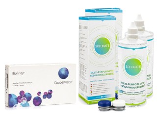 Biofinity CooperVision (6 lentes) + 2 x Solunate Multi-Purpose 400 ml com estojo